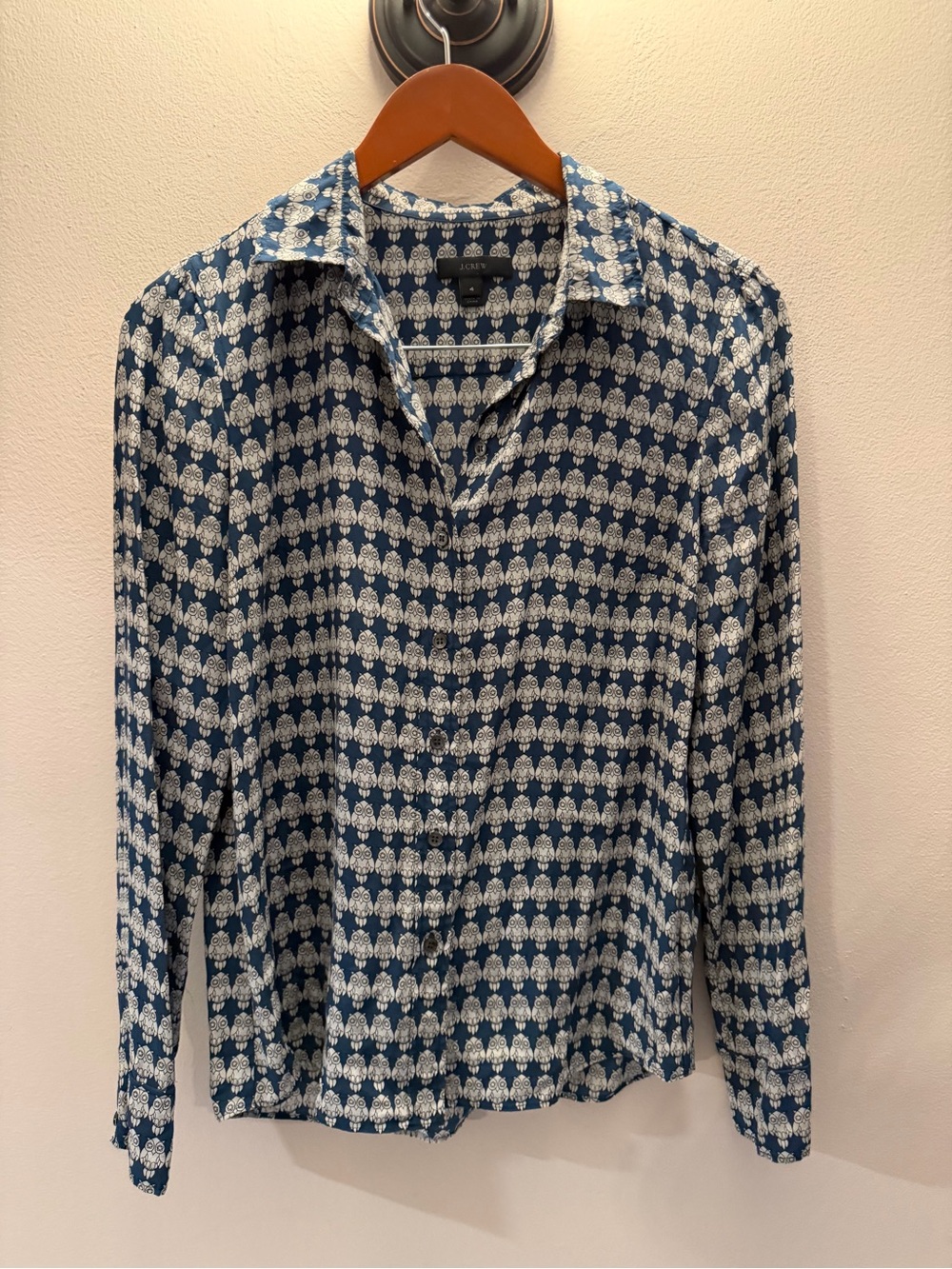 J.Crew Womens Navy Blue‎ White Owl Print Button Down Long Sleeve Shirt Size 4